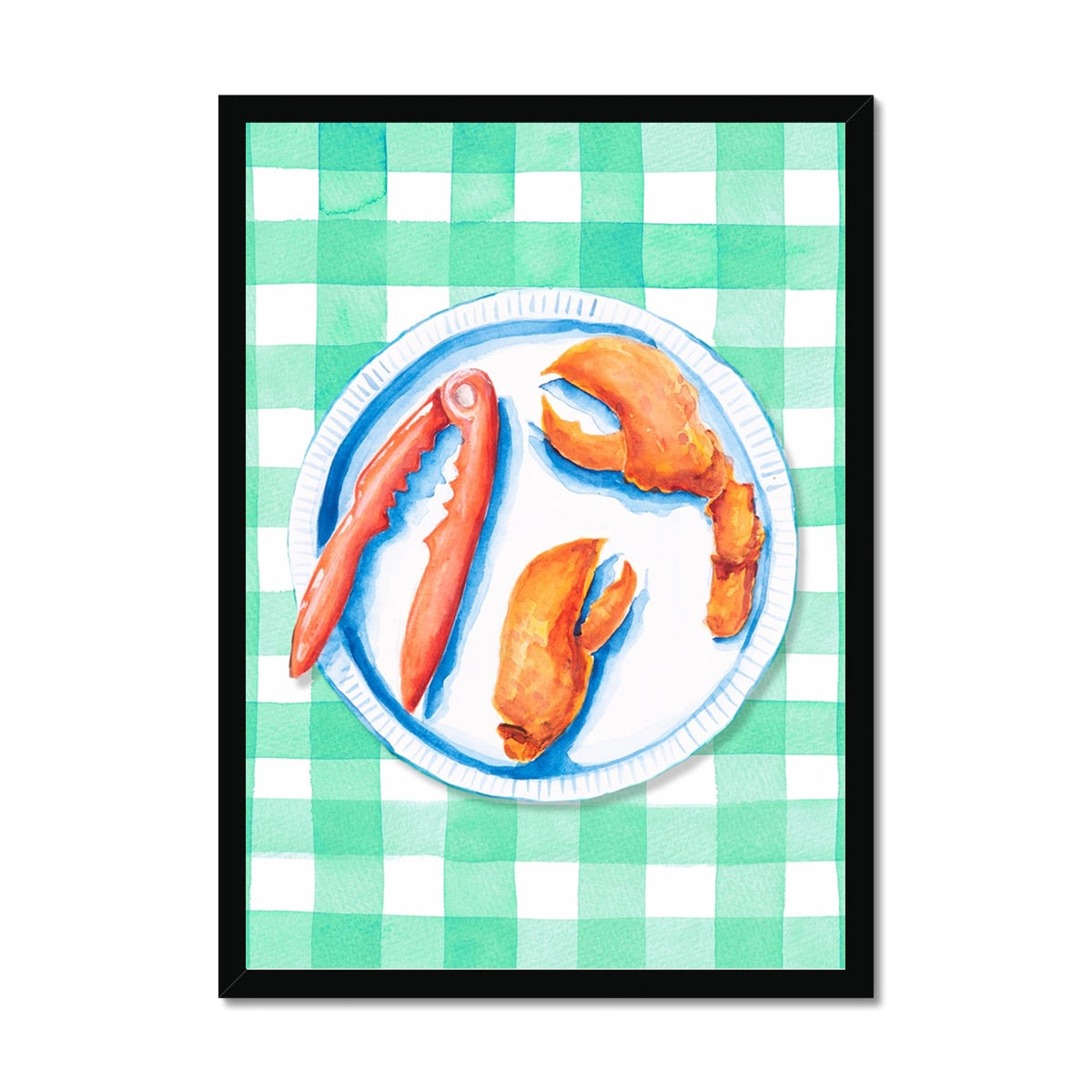 Lobster Painting on Green Gingham | Kitchen Wall Art - Framed