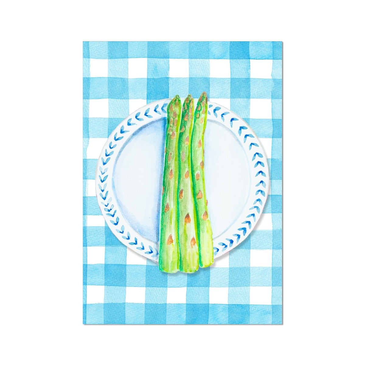 Asparagus Painting on Blue Gingham | Kitchen Wall Art - Unframed