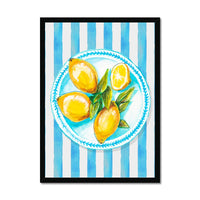 Lemon Painting on Blue Stripe | Kitchen Wall Art - Framed