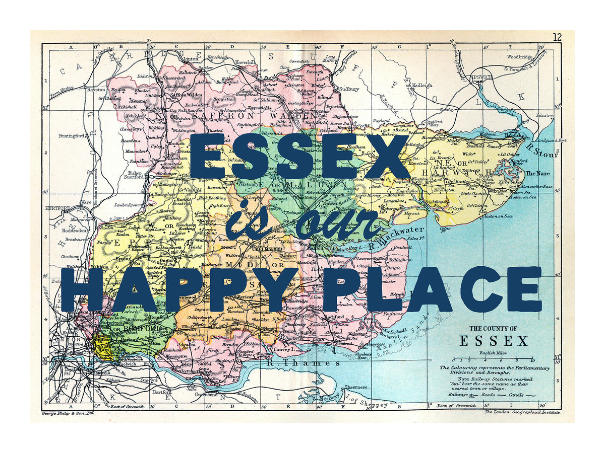 Happy Place Map Print With Blue Font - Personalised