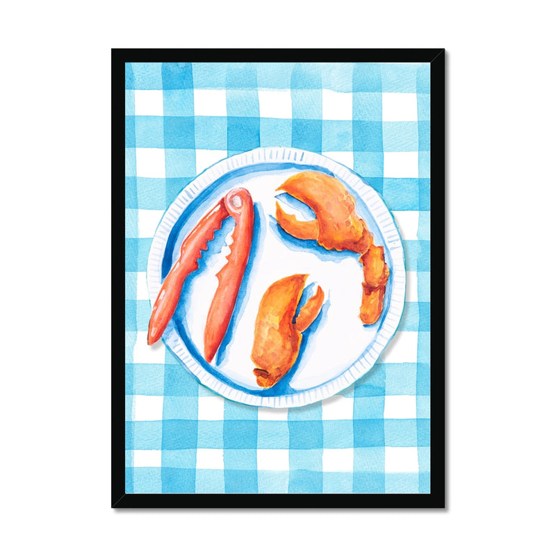 Lobster Painting on Blue Gingham | Kitchen Wall Art - Framed