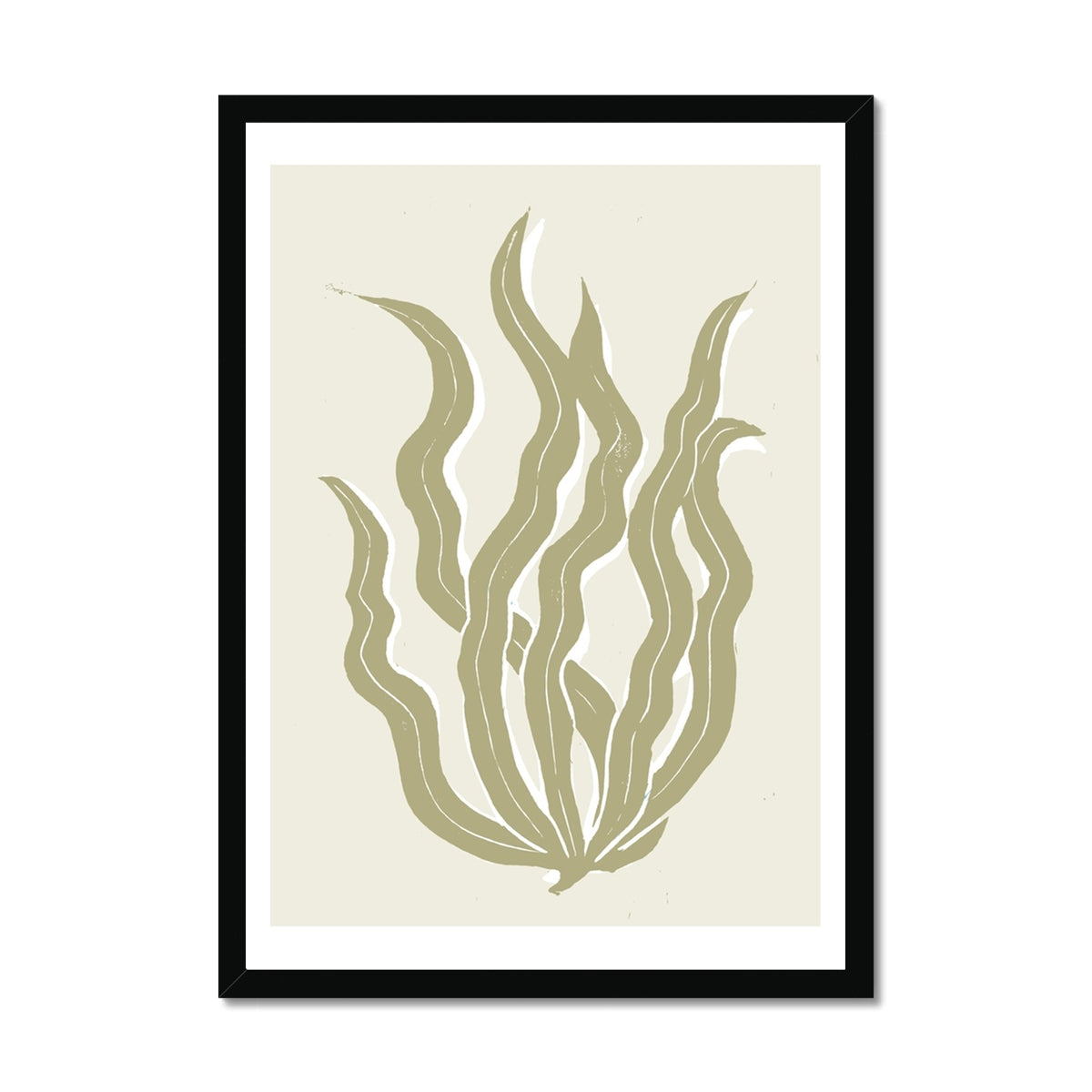 Abstract Neutral Seaweed Art Print No 3 | Coastal Graphic Wall Decor | Handcrafted Lino Cut Design - Framed