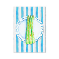 Asparagus Painting on Blue Stripe | Kitchen Wall Art - Unframed