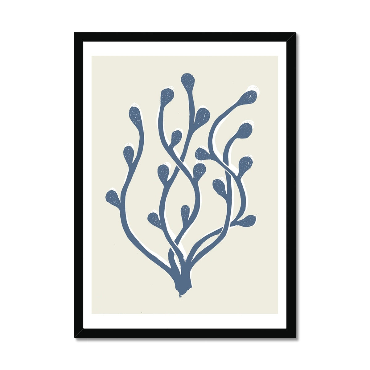 Abstract Indigo Seaweed Art Print No 2 | Coastal Graphic Wall Decor | Handcrafted Lino Cut Design - Framed