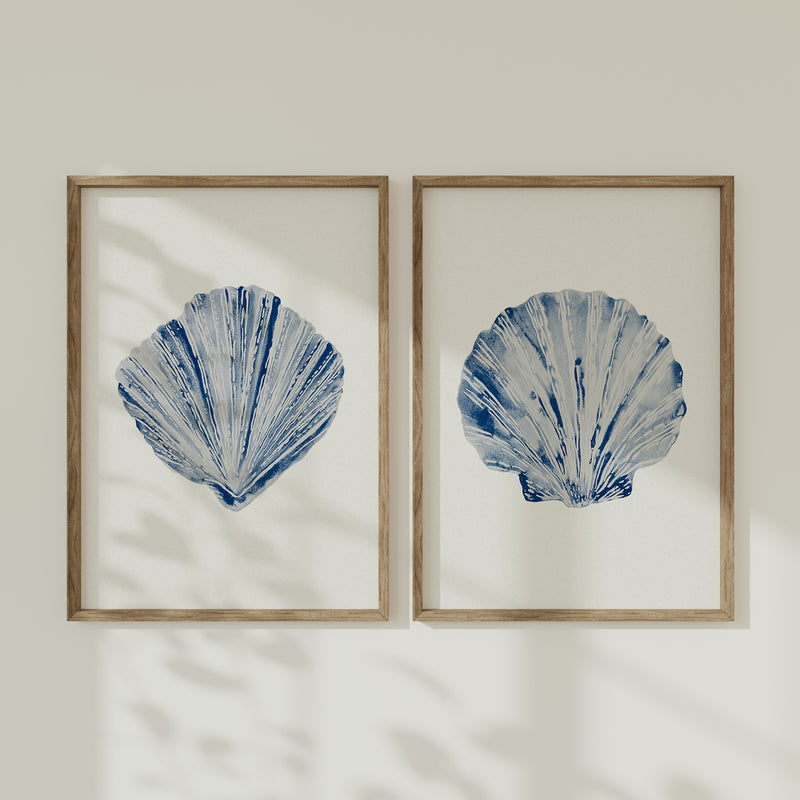 Watercolour Shell Art | Blue Fan Shell Print - Unframed