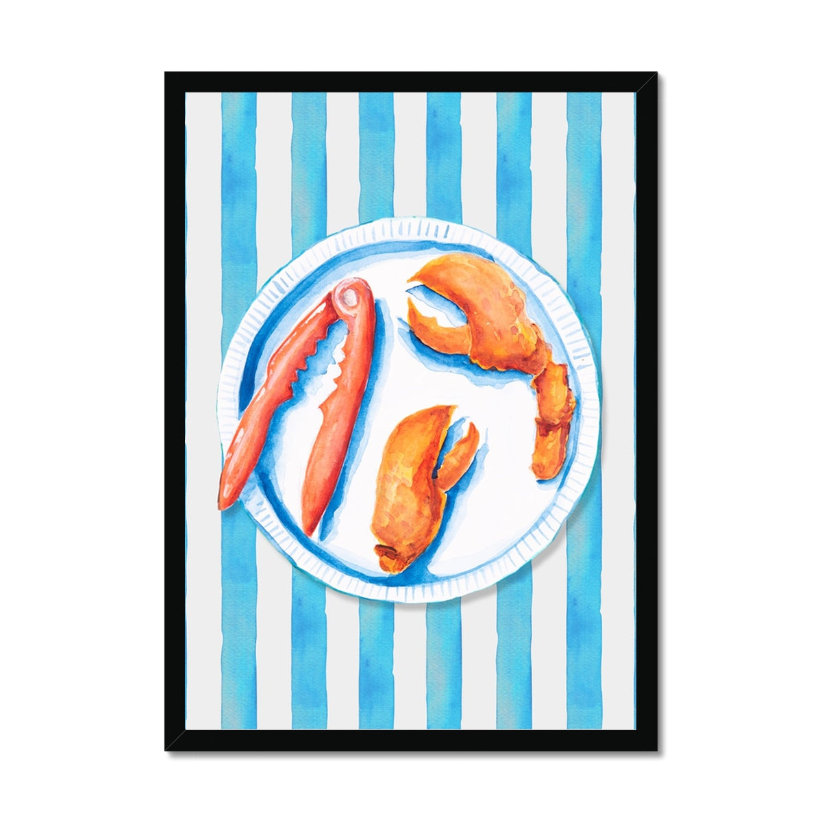 Lobster Painting on Blue Stripe | Kitchen Wall Art - Framed