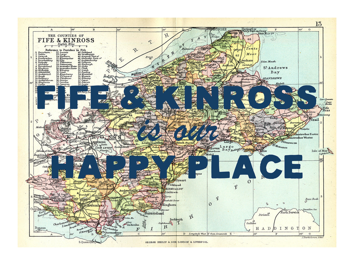 Happy Place Map Print With Blue Font - Personalised