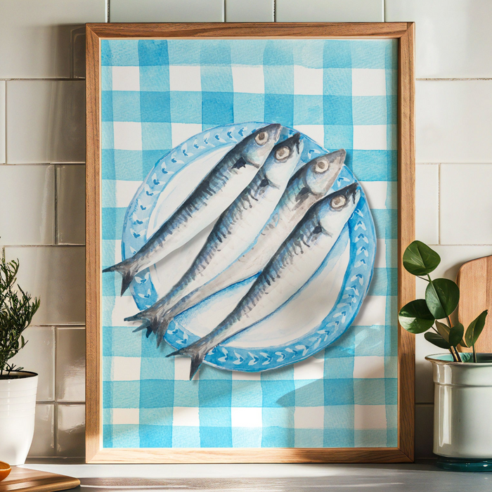 fish painting in blue in kitchen - kitchen wall art of food