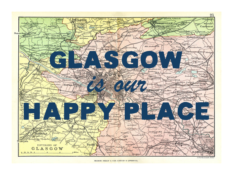 Happy Place Map Print With Blue Font - Personalised