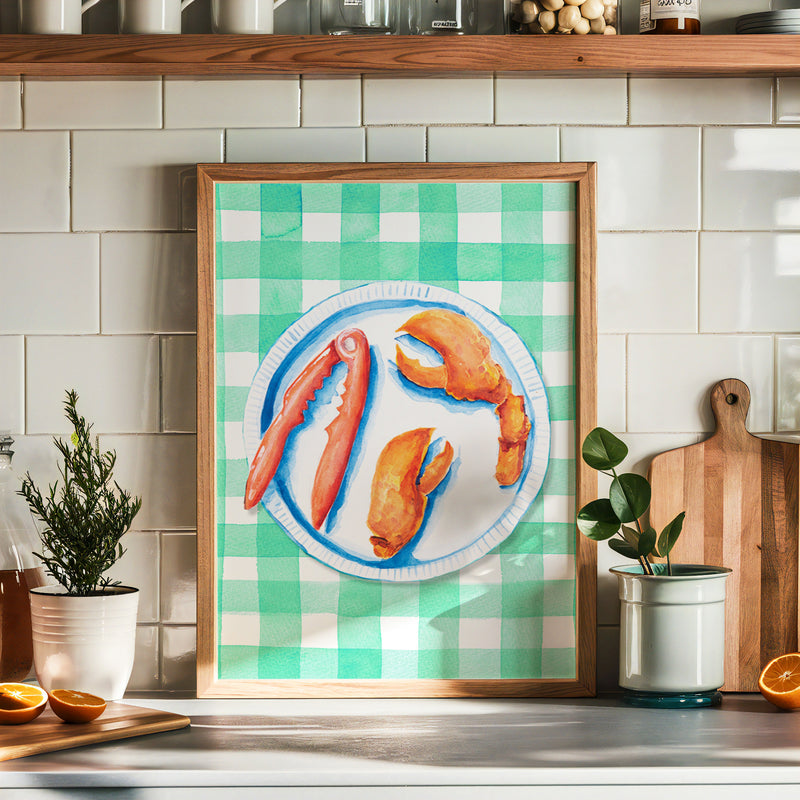 Lobster Painting on Green Gingham | Kitchen Wall Art - Framed