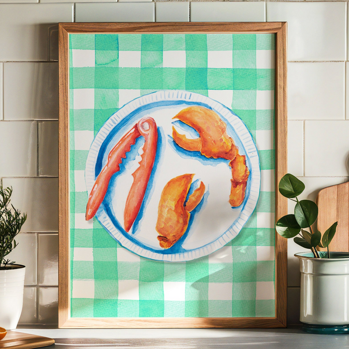 Lobster Painting on Green Gingham | Kitchen Wall Art - Framed