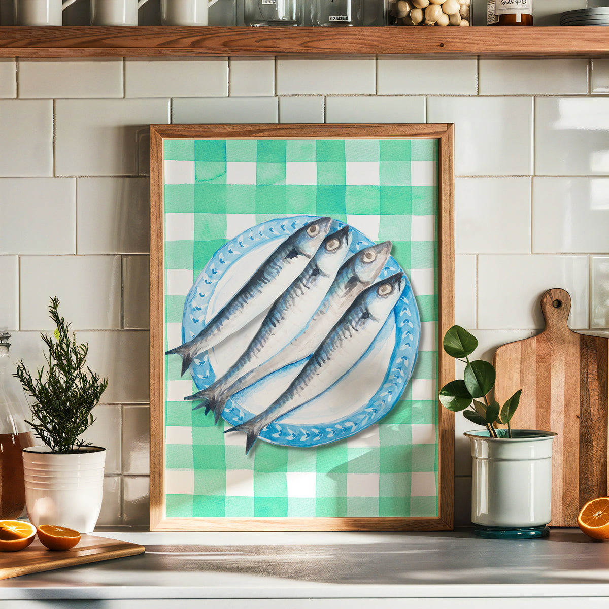 Sardine Painting on Green Gingham | Kitchen Wall Art - Framed