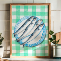 Sardine Painting on Green Gingham | Kitchen Wall Art - Framed