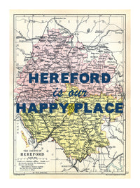 Happy Place Map Print With Blue Font - Personalised