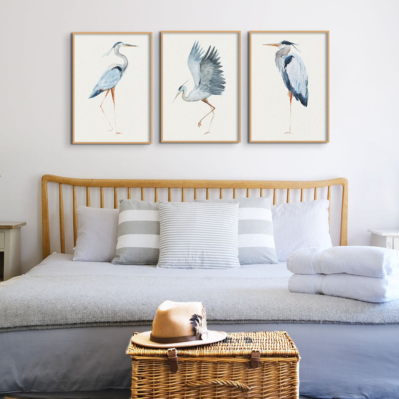 Heron Wall Art - Set of Three Bird art Prints - framed wall art prints