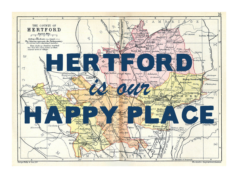 Happy Place Map Print With Blue Font - Personalised