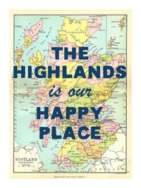 Happy Place Map Print With Blue Font - Personalised