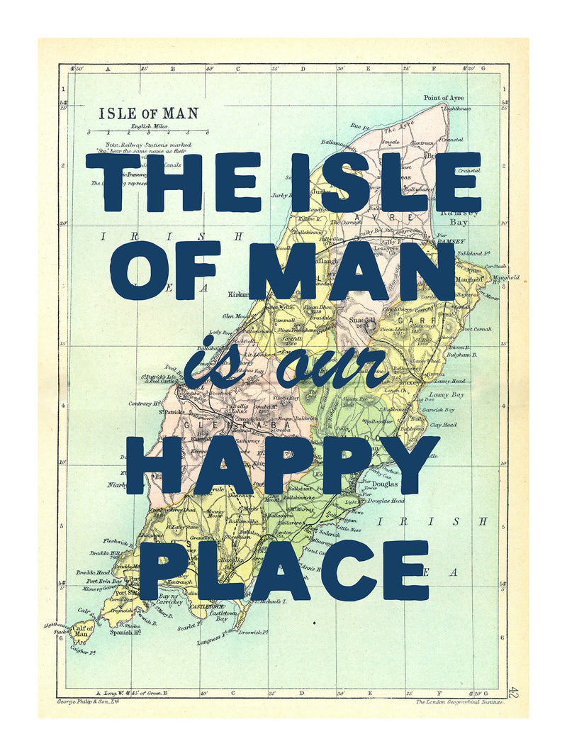 Happy Place Map Print With Blue Font - Personalised