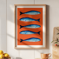 mackerel painting in kitchen on wall - red fish painting framed with natural wooden frame