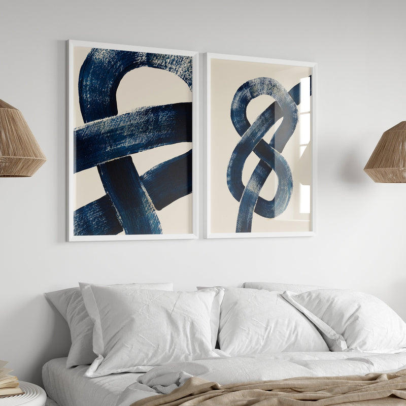 Abstract blue framed bedroom print on grey panelled wall - framed navy bedroom wall art