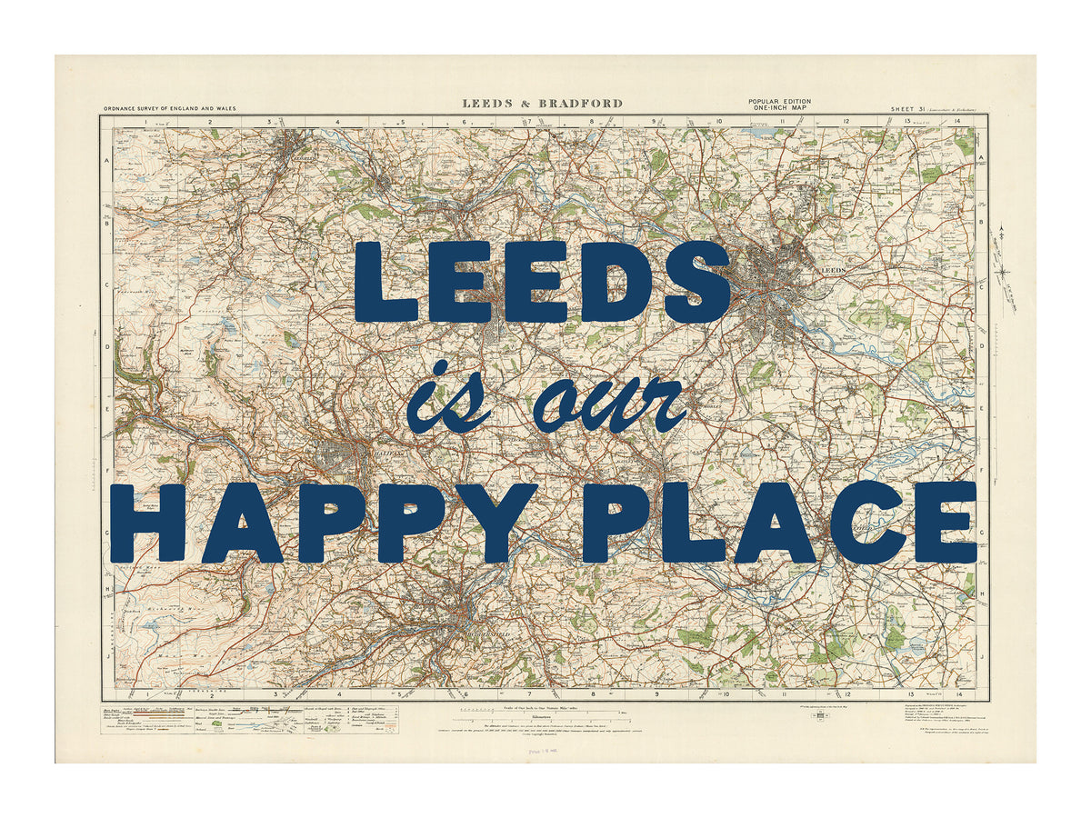 Happy Place Map Print With Blue Font - Personalised