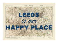 Happy Place Map Print With Blue Font - Personalised