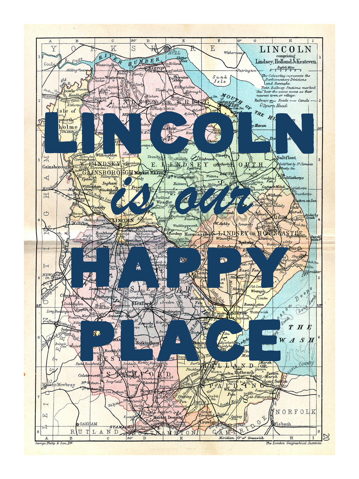 Happy Place Map Print With Blue Font - Personalised