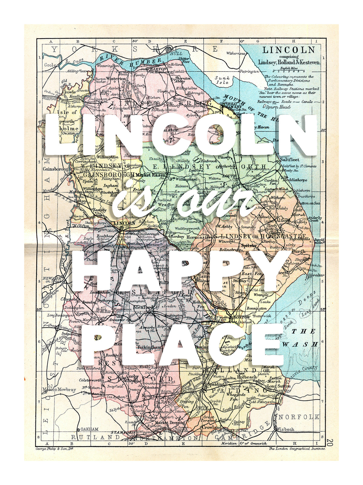 Happy Place Map With White Font - Personalised