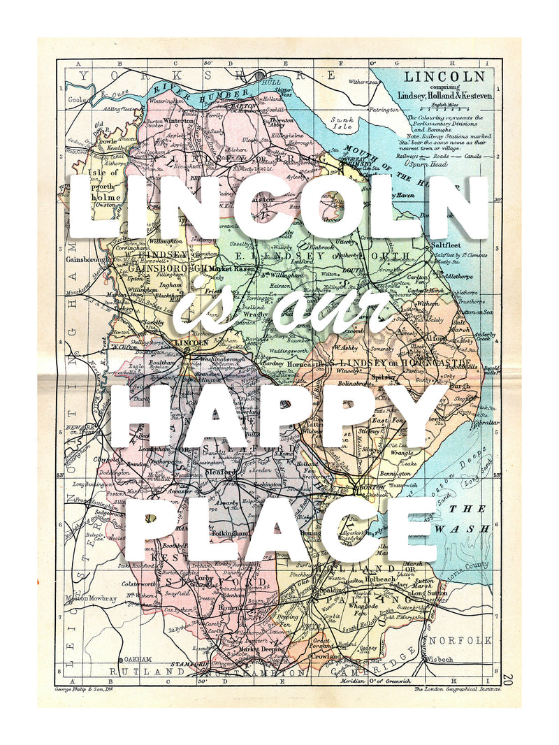 Happy Place Map Print With Blue Font - Personalised