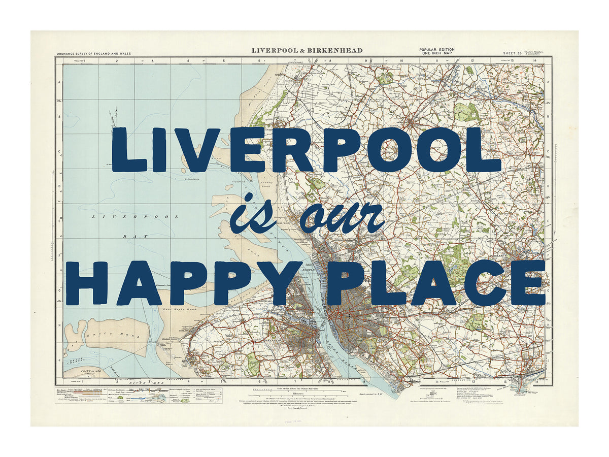 Happy Place Map Print With Blue Font - Personalised