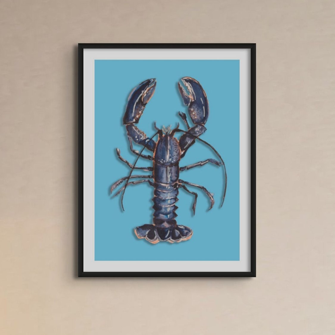 Lobster Art Print | Colourful Kitchen Wall Art | Lobster Painting on Blue - Framed