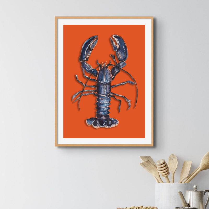 Lobster Painting | Colourful Kitchen Wall Art | Lobster Painting on Orange Background - Framed