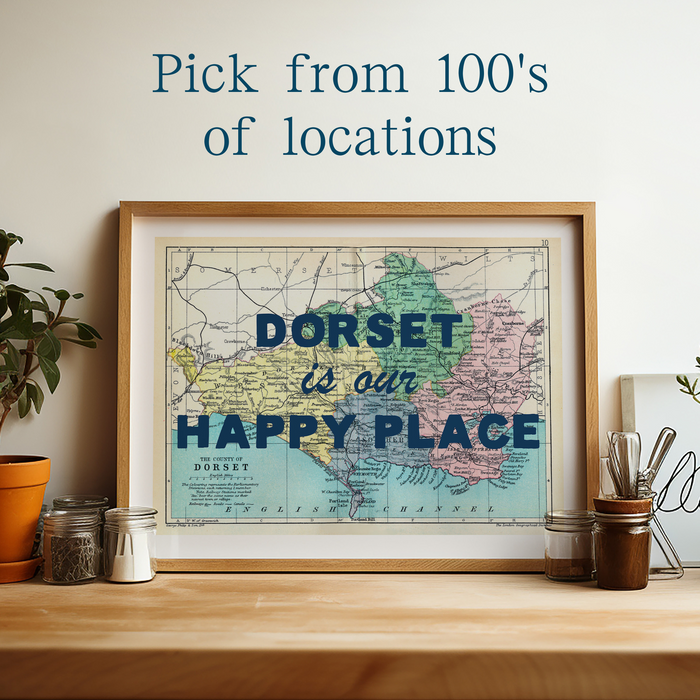 Custom Map - Our Happy Place Map - Blue Font - From £18 Beach House Art