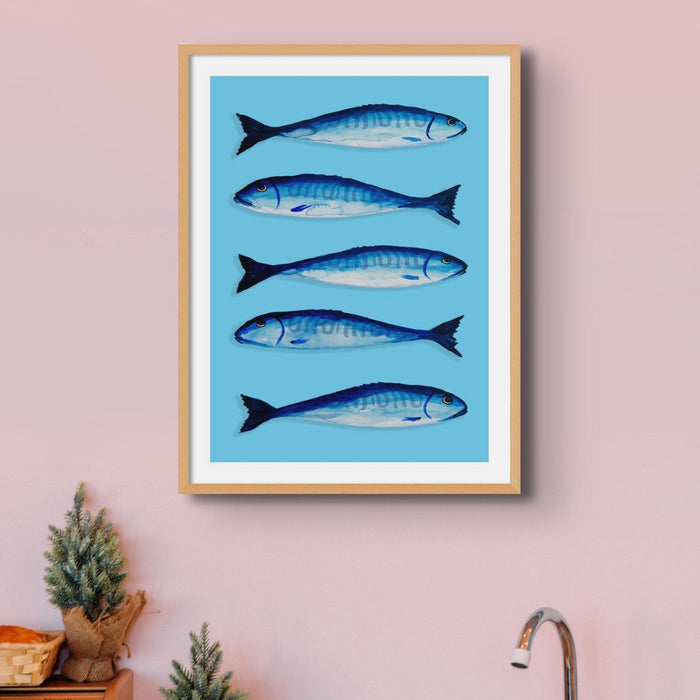 Mackerel Painting | Kitchen Fish Art Print | Mackerel Fish Print on Green Background - Framed