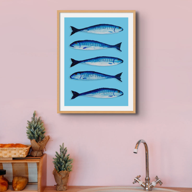 Mackerel Painting | Kitchen Fish Art Print | Mackerel Fish Painting on Blue - Unframed