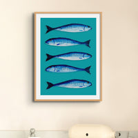 Mackerel Art Print | Kitchen Fish Wall Art | Mackerel Painting on Green Bacground - Unframed