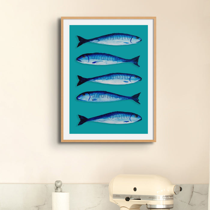 Mackerel Art Print | Kitchen Fish Wall Art | Mackerel Painting on Green Bacground - Unframed