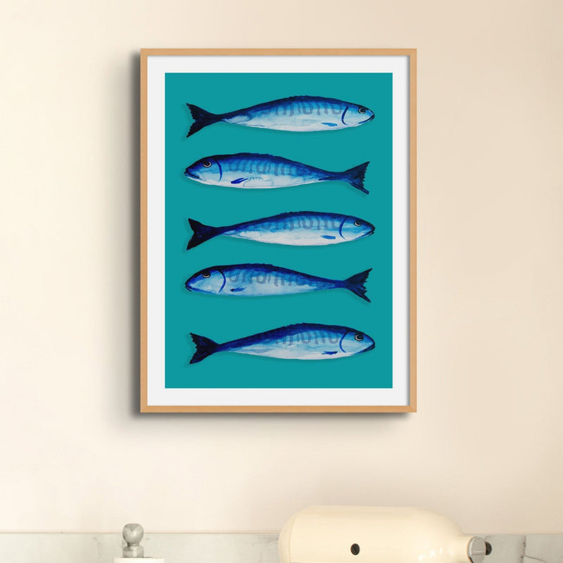 Mackerel Art Print | Kitchen Fish Wall Art | Mackerel Painting on Green Bacground - Unframed