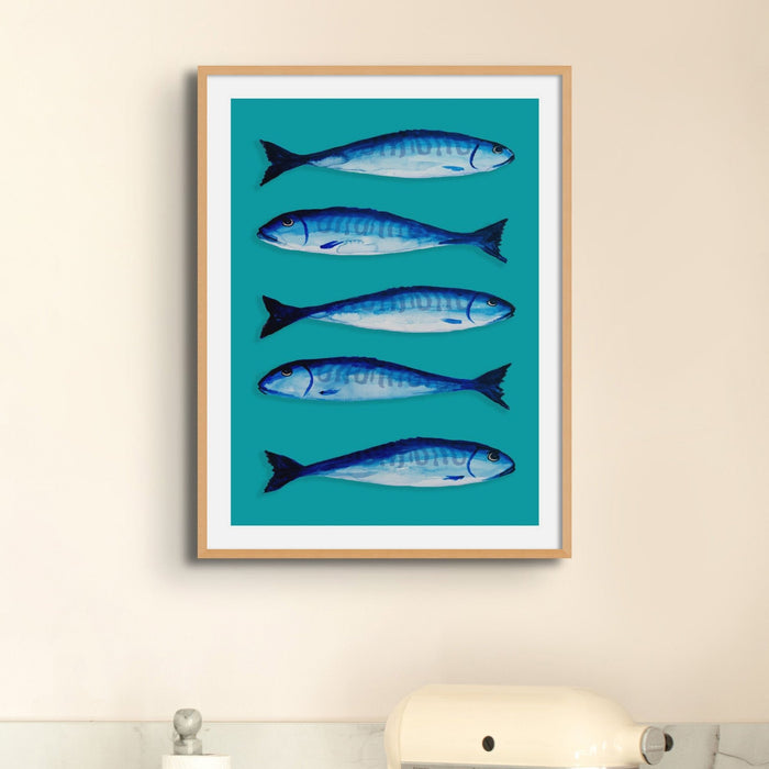 Mackerel Art Print | Kitchen Fish Wall Art | Mackerel Fish Painting on Green Background - Framed