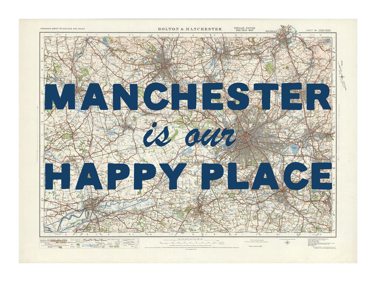 Happy Place Map Print With Blue Font - Personalised