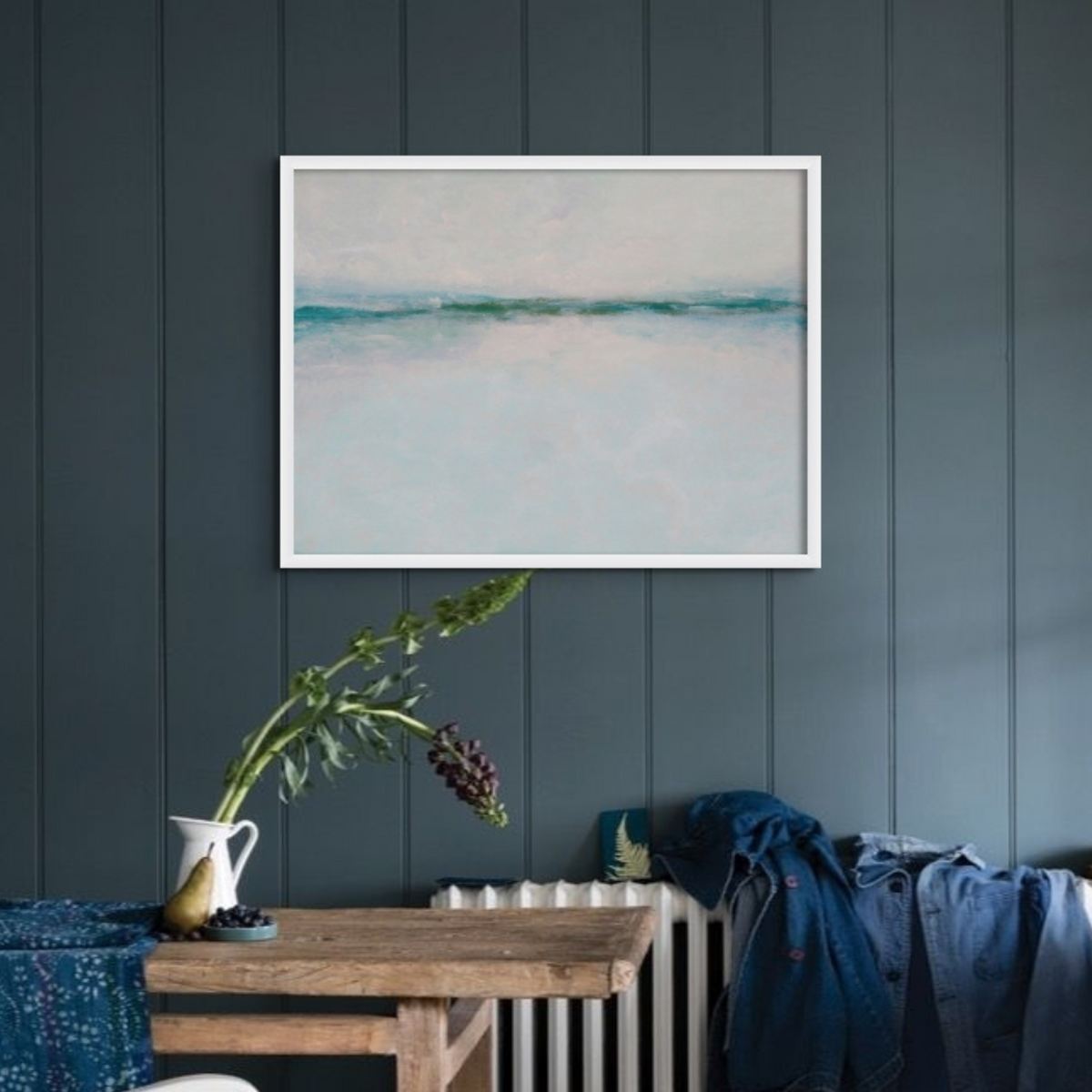 Tide Beach Painting | Aqua | Abstract Sea Painting - Framed