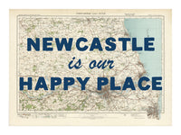 Happy Place Map Print With Blue Font - Personalised