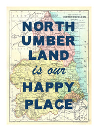 Happy Place Map Print With Blue Font - Personalised