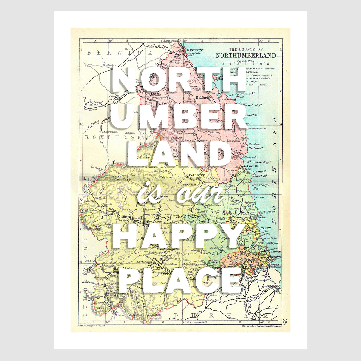 Happy Place Map With White Font - Personalised