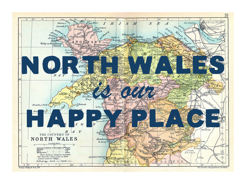 Happy Place Map Print With Blue Font - Personalised