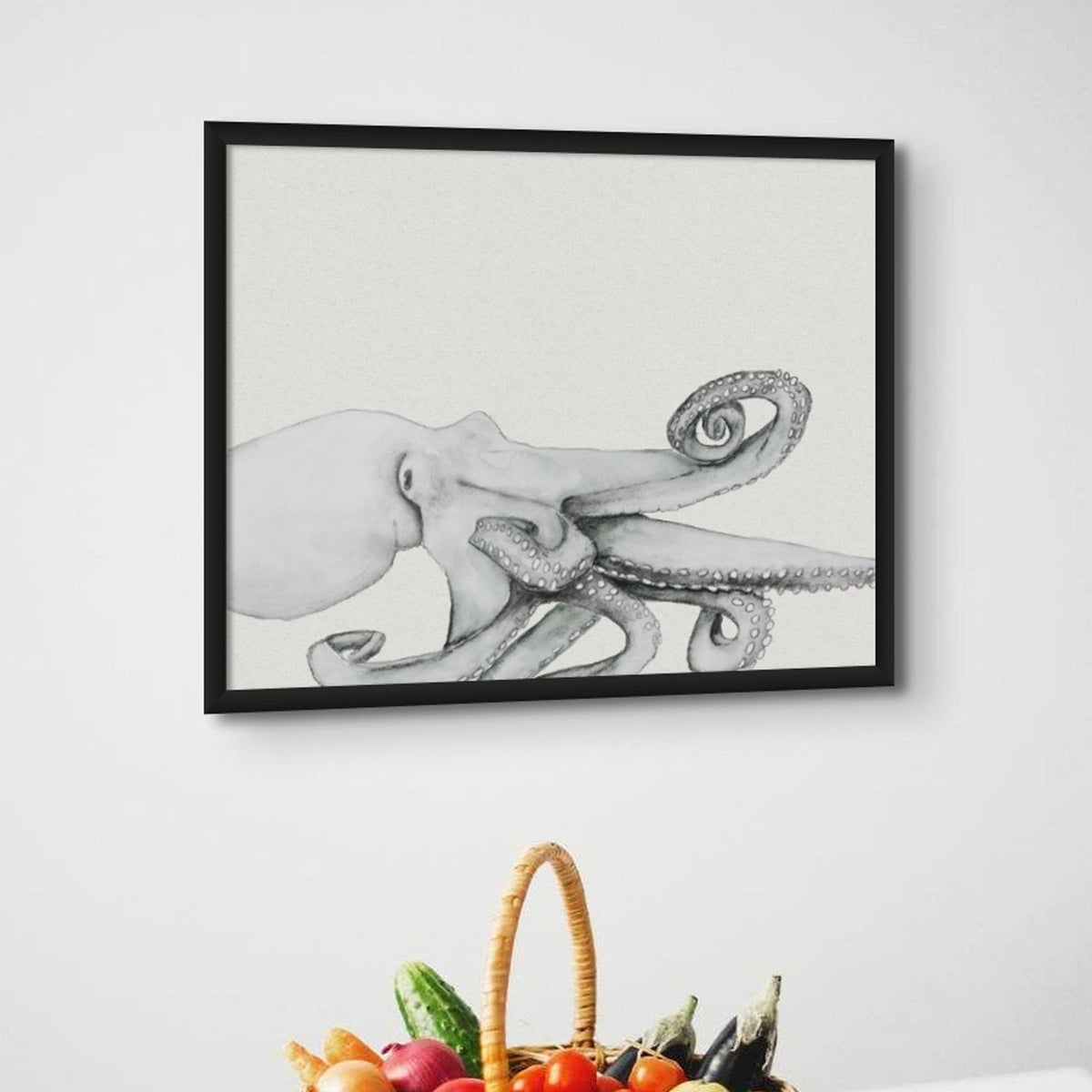 Ink Wash Octopus Art Print | Octopus Painting | Landscape Format - Framed