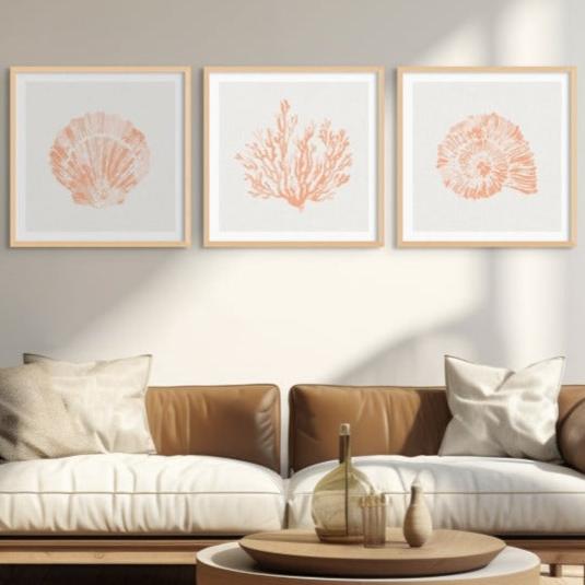 Set of Three Peach Coral and Shells Prints in  Peach - Unframed