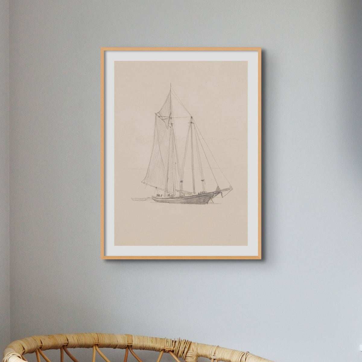 Schooner with Dinghy Drawing | Vintage Pencil Boat Wall Art Print - Framed Wall Art