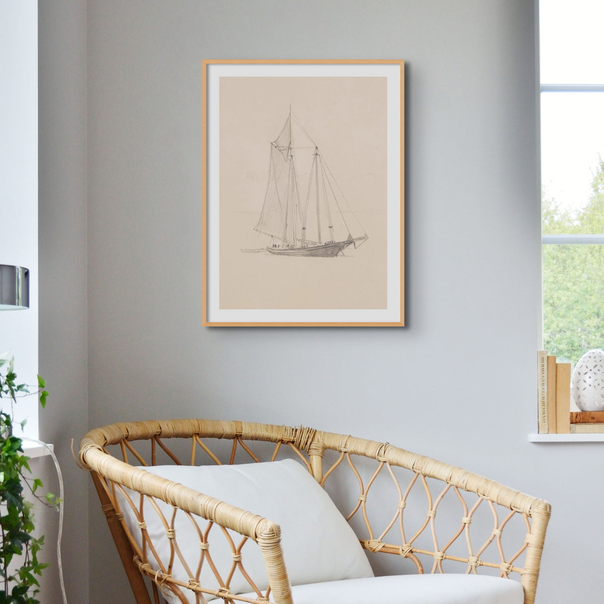 Schooner with Dinghy Drawing | Vintage Pencil Boat Wall Art Print - Unframed Wall Art