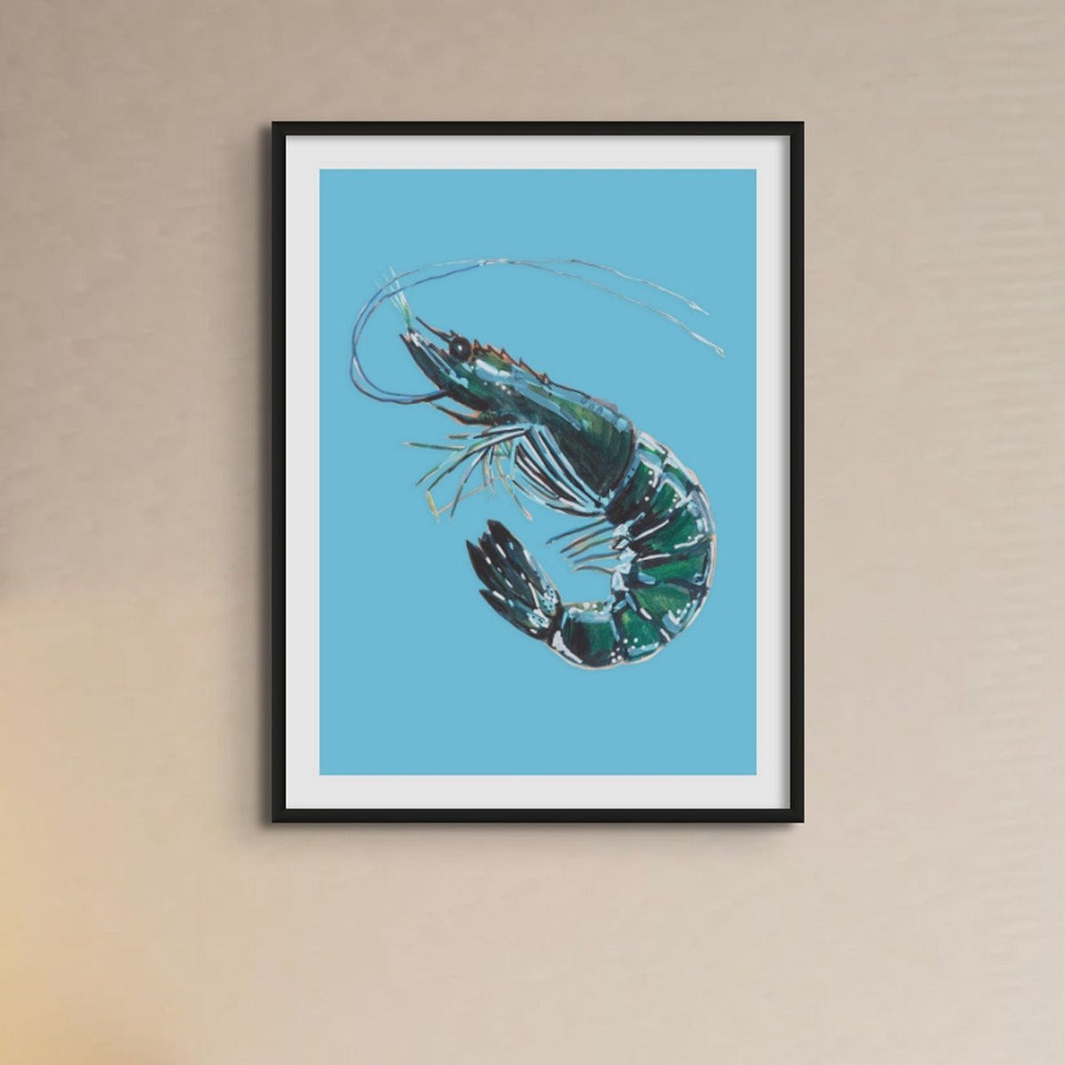 Prawn Art Print | Shellfish Kitchen Wall Art | Prawn Painting on Blue Background - Framed